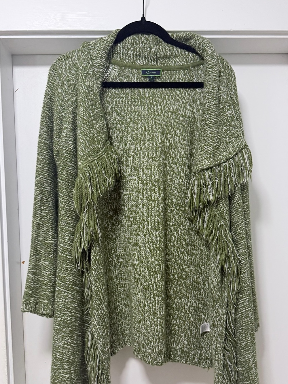 C. Wonder Olive Green Marled Open-Front Fringe Cardigan